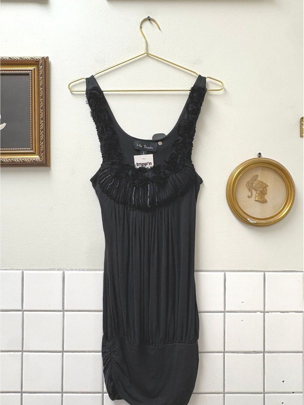 Iris Basic Y2K Black Beading Bubble Hem Mini Dress Size S